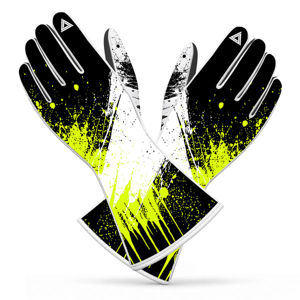 Graffiti Splash Karting & Sim Racing Gloves – Fluoro Yellow, Black & White